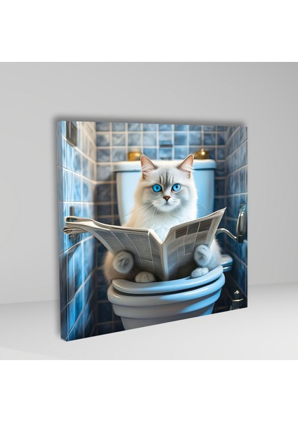 Tekli Kare Kanvas Banyo Tablosu Gazete Okuyan Beyaz Scottish Fold fiyatları