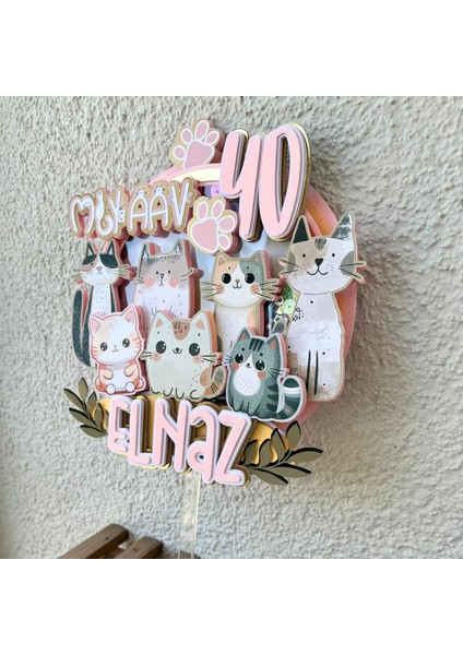 Cake Topper Kedi Temalı Kişiye Özel Çocuk Yetişkin Doğum Günü Pasta Süsü (22X20CM)