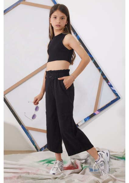 Siyah Yüksek Bel Armürlü Kız Çocuk Pantolon 18923