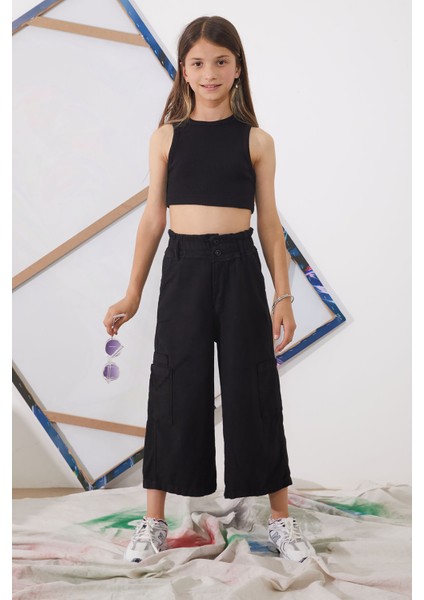 Siyah Yüksek Bel Armürlü Kız Çocuk Pantolon 18923 fiyatları