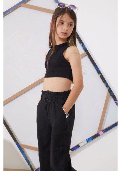 Siyah Yüksek Bel Armürlü Kız Çocuk Pantolon 18923 modelleri