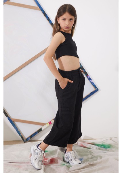Siyah Yüksek Bel Armürlü Kız Çocuk Pantolon 18923 fırsatları