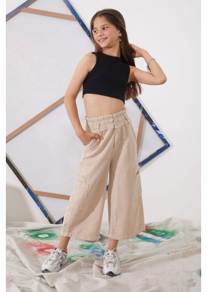 Bej Yüksek Bel Armürlü Kız Çocuk Pantolon 18924