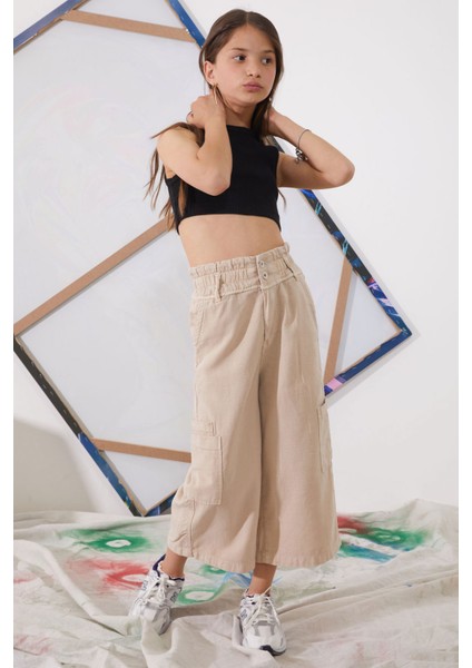Bej Yüksek Bel Armürlü Kız Çocuk Pantolon 18924 fiyatları