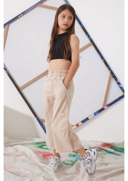 Bej Yüksek Bel Armürlü Kız Çocuk Pantolon 18924 modelleri