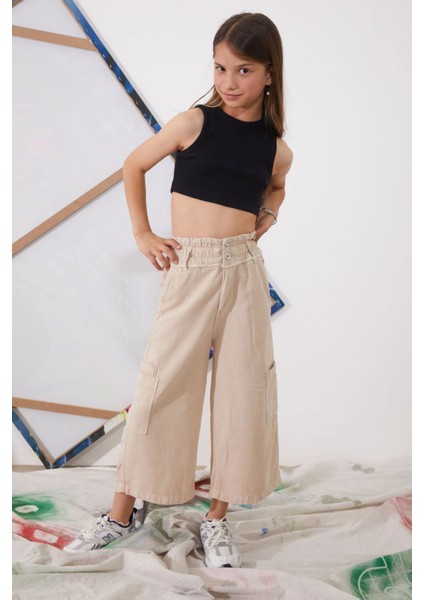 Bej Yüksek Bel Armürlü Kız Çocuk Pantolon 18924 fırsatları