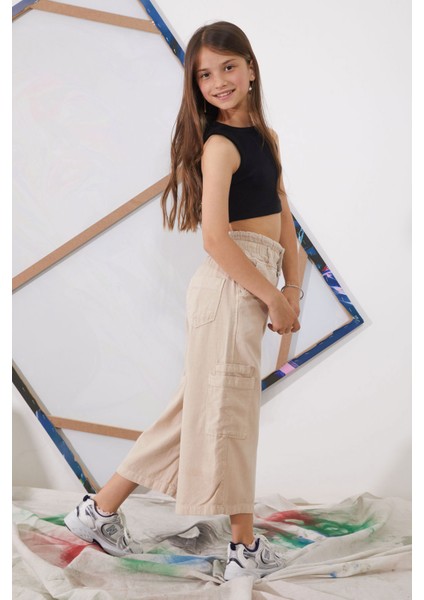 Bej Yüksek Bel Armürlü Kız Çocuk Pantolon 18924 indirimleri