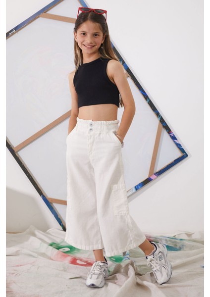 Beyaz Yüksek Bel Armürlü Kız Çocuk Pantolon 18926 fiyatları