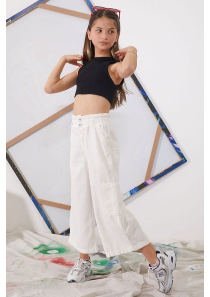Beyaz Yüksek Bel Armürlü Kız Çocuk Pantolon 18926 modelleri