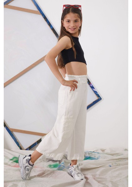Beyaz Yüksek Bel Armürlü Kız Çocuk Pantolon 18926 fırsatları