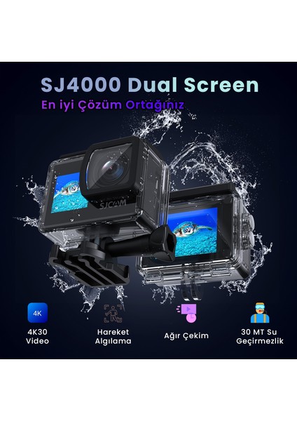 Sj4000 Dual Screen WiFi 4K UHD 16MP 170° 2”/1.3” Çift Ekranlı Aksiyon Kamerası Siyah