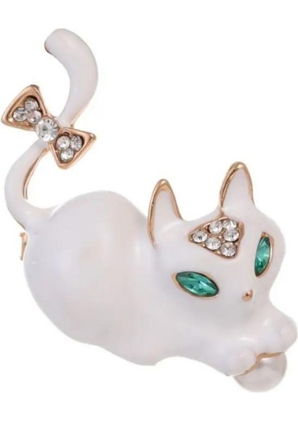 Bb Beyaz Taşlı Kedi Broş ve Yaka Iğnesi