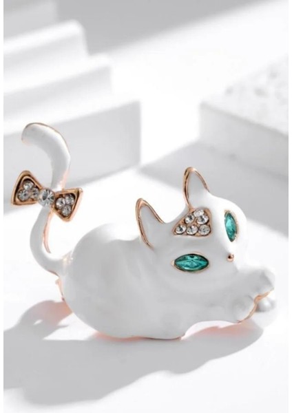 Bb Beyaz Taşlı Kedi Broş ve Yaka Iğnesi fiyatları