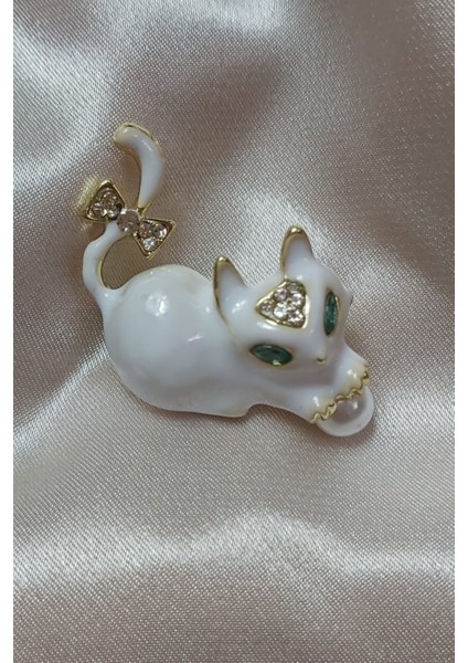 Bb Beyaz Taşlı Kedi Broş ve Yaka Iğnesi modelleri