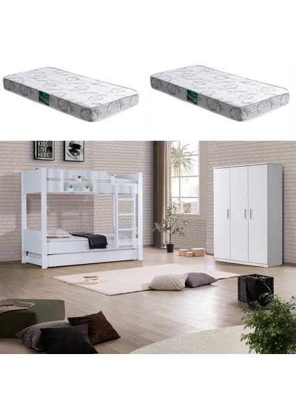 Asya Yavrulu Ranza 3 Kapaklı Dolap, Beyaz + 2 Adet Comfort Yatak