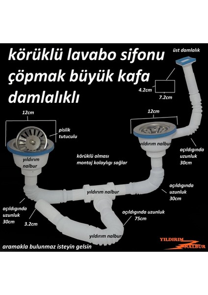 Çöpmak Körüklü Sifon Üstten Damlalıklı Çiftli Büyük Kafa Evye Sifonu Lavabo Gideri Pislik Tutuculu