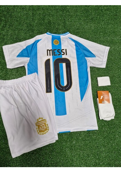 Arjantin 2024/25 Yeni Sezon Lionel Messi Çocuk Forması Şort Çorap Bileklik 4'lü Set
