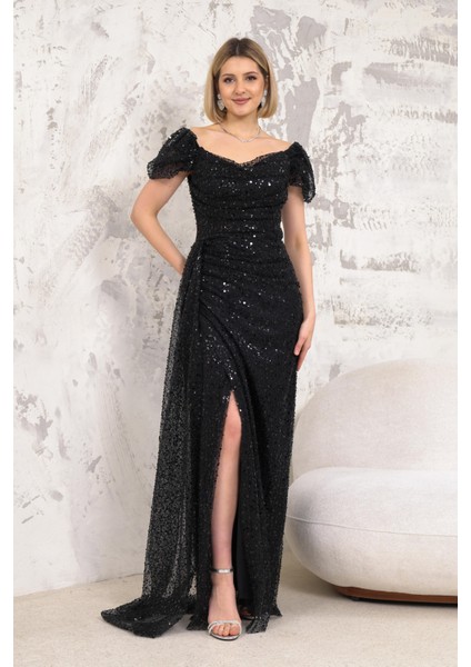 Kayık Yaka İncili Pullu Siyah Abiye