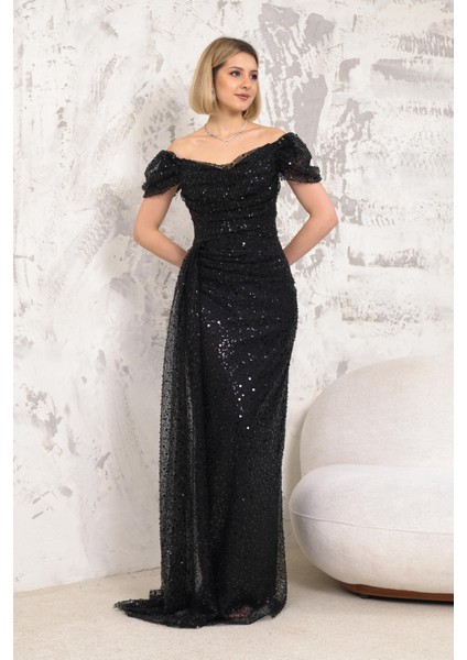 Kayık Yaka İncili Pullu Siyah Abiye fiyatları