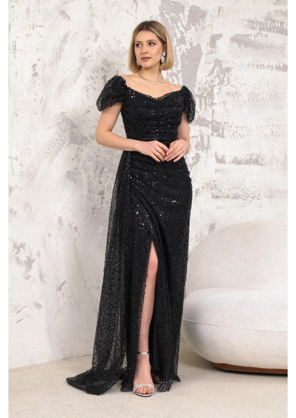 Kayık Yaka İncili Pullu Siyah Abiye modelleri