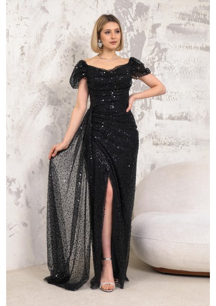 Kayık Yaka İncili Pullu Siyah Abiye fırsatları