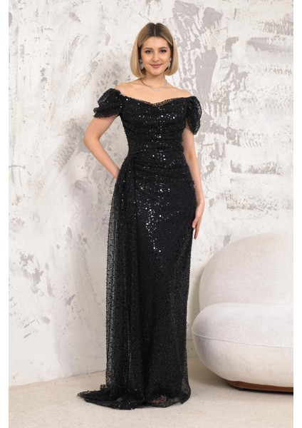 Kayık Yaka İncili Pullu Siyah Abiye indirimleri