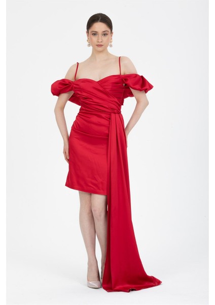 Kırmızı Drapeli Mini Saten Abiye Elbise fiyatları