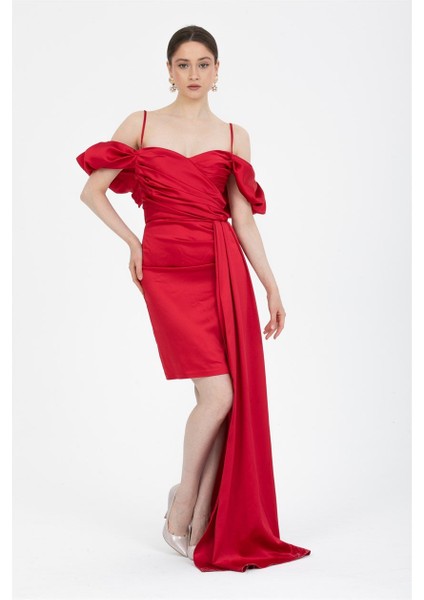 Kırmızı Drapeli Mini Saten Abiye Elbise modelleri