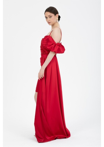 Kırmızı Drapeli Mini Saten Abiye Elbise fırsatları