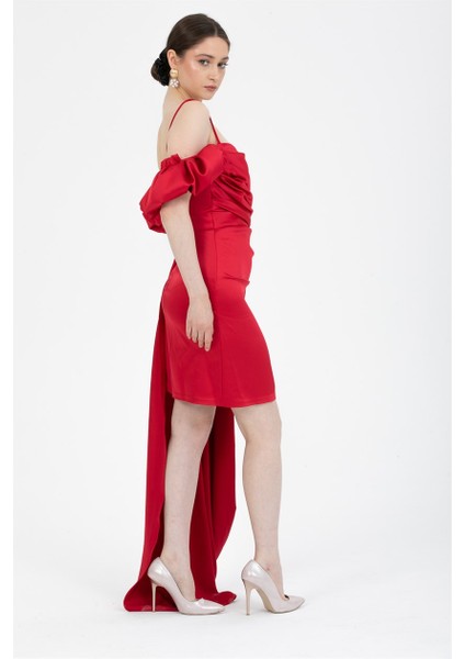 Kırmızı Drapeli Mini Saten Abiye Elbise indirimleri