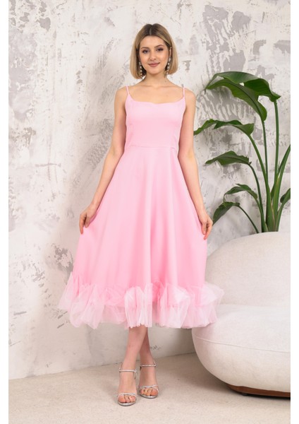 Askılı Tasarım Pembe Abiye Elbise