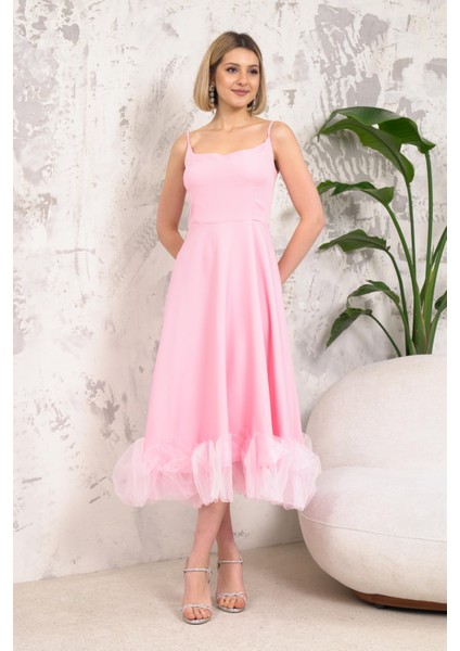 Askılı Tasarım Pembe Abiye Elbise