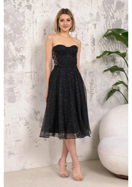 Askılı Siyah Abiye Elbise