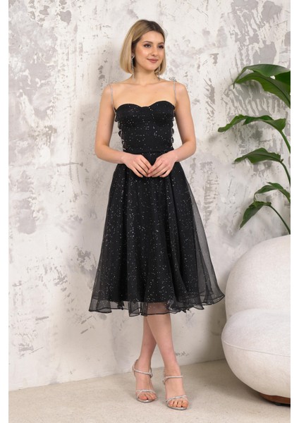 Askılı Siyah Abiye Elbise