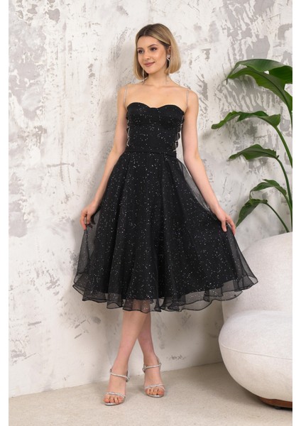 Askılı Siyah Abiye Elbise