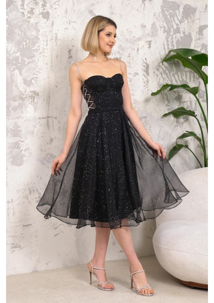 Askılı Siyah Abiye Elbise