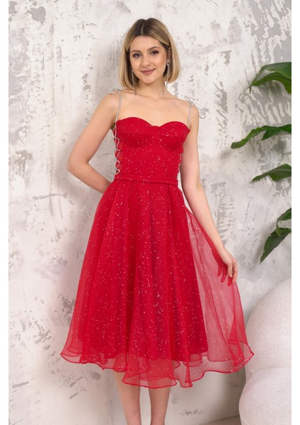 Askılı Kırmızı Abiye Elbise modelleri