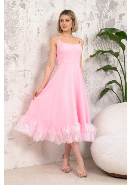 Askılı Tasarım Pembe Abiye Elbise