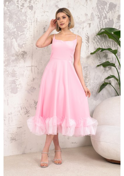 Askılı Tasarım Pembe Abiye Elbise