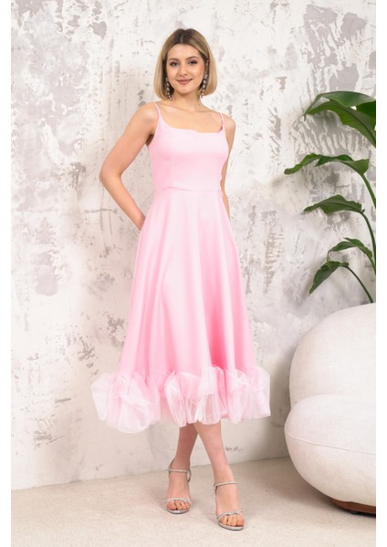 Askılı Tasarım Pembe Abiye Elbise