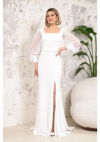 Önü Yırtmaçlı Kare Yaka Kolları Pullu Beyaz Abiye fiyatları