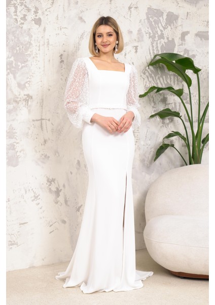 Önü Yırtmaçlı Kare Yaka Kolları Pullu Beyaz Abiye modelleri