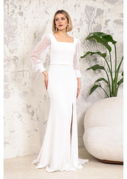 Önü Yırtmaçlı Kare Yaka Kolları Pullu Beyaz Abiye fırsatları