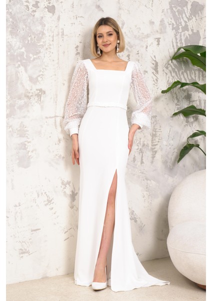 Önü Yırtmaçlı Kare Yaka Kolları Pullu Beyaz Abiye indirimleri