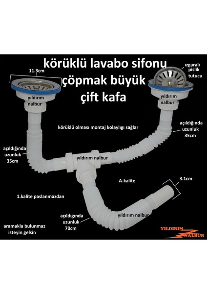 Çöpmak Körüklü Sifon Çiftli Büyük Kafa Evye Sifonu Lavabo Gideri 1.kalite Izgaralı