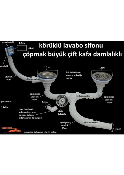 Çöpmak Körüklü Sifon Yandan Damlalıklı Çiftli Büyük Kafa Evye Sifonu Lavabo Gideri