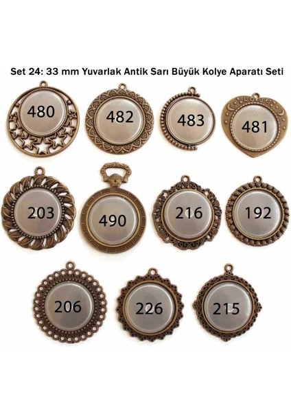 Set 24: Antik Sarı 33 mm Zincirli Yuvarlak 11 Li Büyük Kolye Aparatı Seti