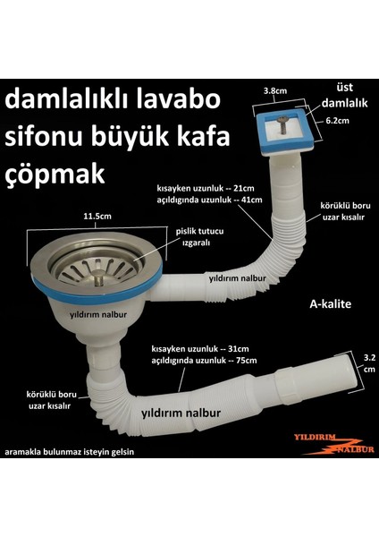 Çöpmak Körüklü Sifon Üstten Damlalıklı Lavabo Sifonu Lavabo Borusu Büyük