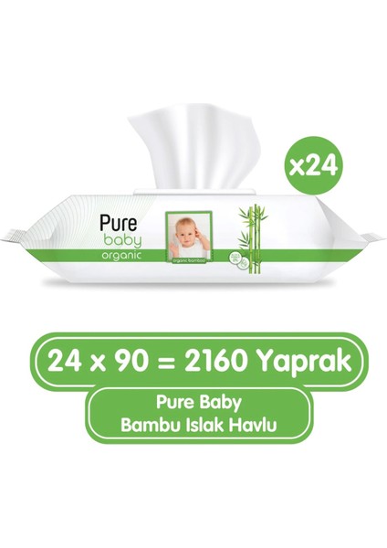 Pure Baby Organik Bambu Özlü Islak Havlu 90'lı x 24 Adet (2160 Yaprak)