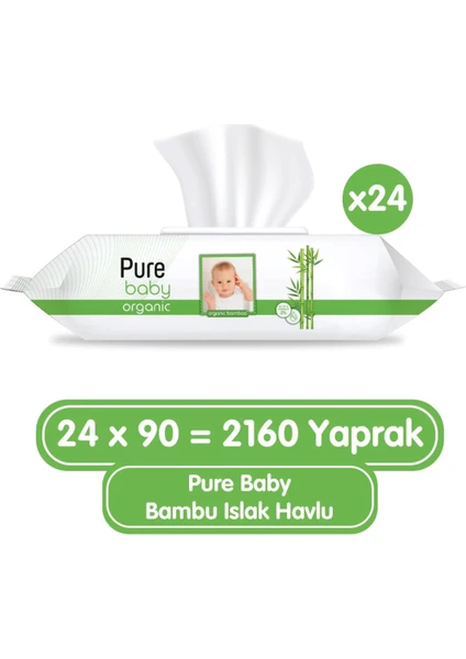 Pure Baby Organik Bambu Özlü Islak Havlu 90'lı x 24 Adet (2160 Yaprak)